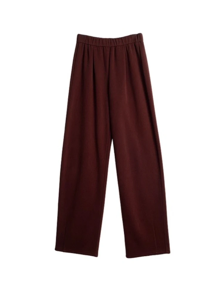 OLrain Vintage Straight Pants Women Autumn 2025 New Solid Knitted Pants Elastic Waist Loose Long Trousers Female O57QK001612