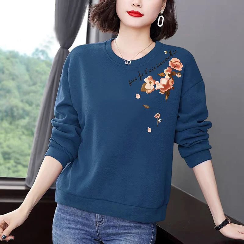 Women Clothing Autumn Winter Korean Floral Letter Print Y2K Plush Thick Sweatshirt Trendy Casual Long Sleeve Loose Pullover Tops