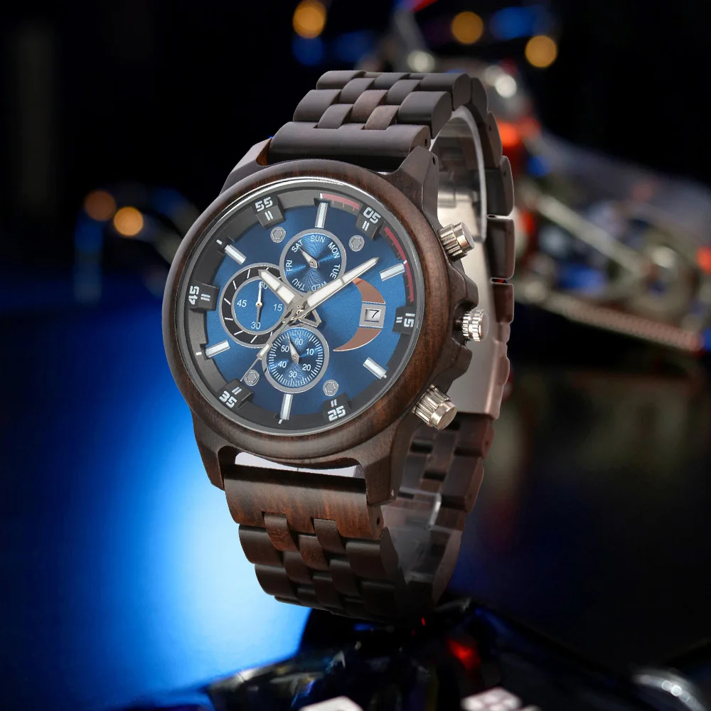 Amazon's hot selling men's sandalwood quartz watch cross-border e-commerce spot three-eye multi-function large dial wooden watch