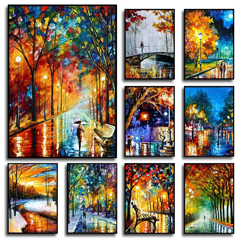 Classic Abstract Artwork Rainy Night Couple Landscape Poster Canvas Painting Wall Art Pictures Home Room Interior Decor Gift