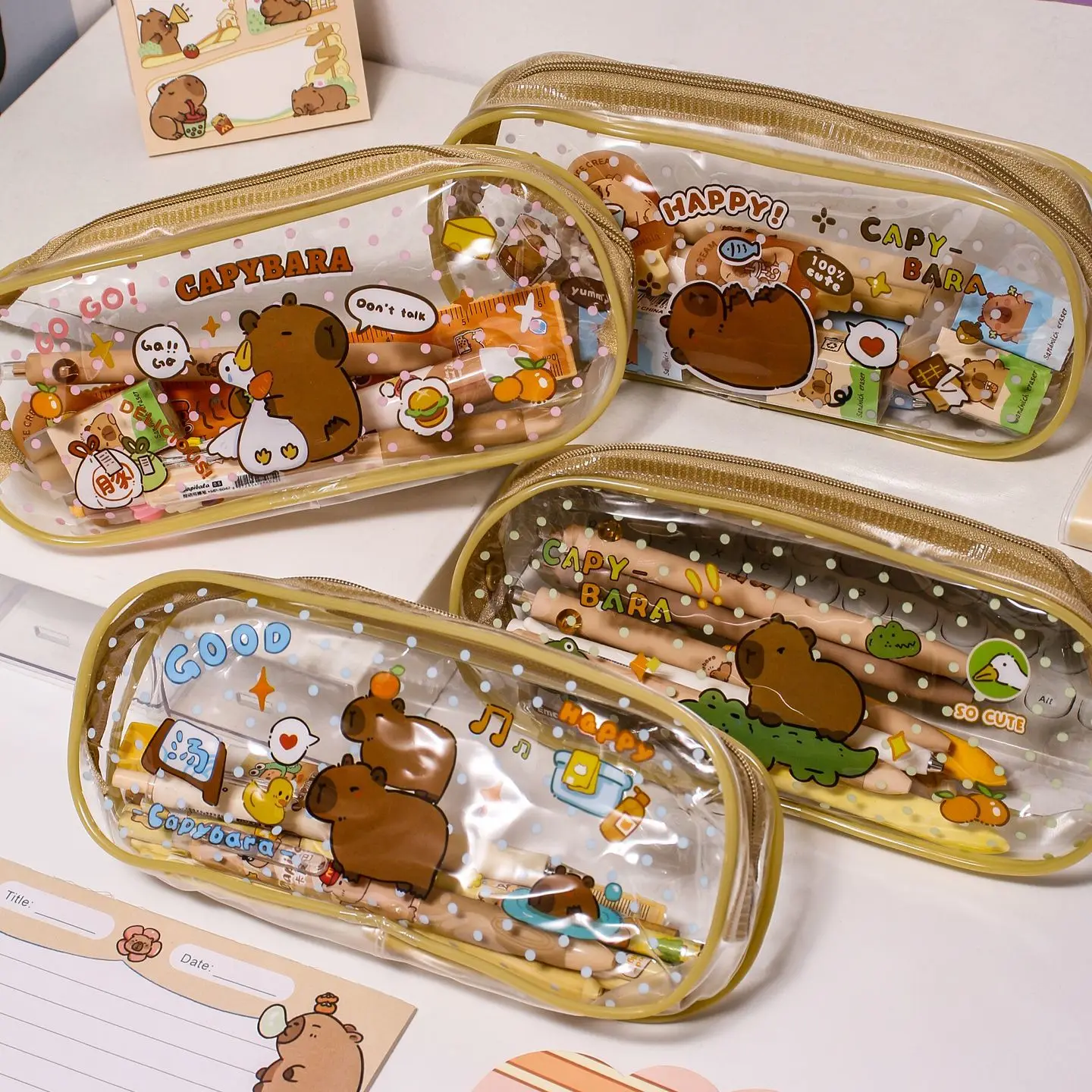 Capy World Cappy Duckie Croco And Birdie Clear PVC Pencil Case Gold Zipper Cute Multifunctional School Stationery Organizer Bag