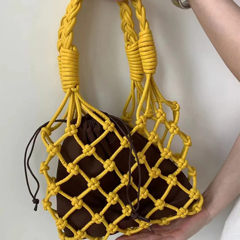 Handmade Weaves Handbags For Women Designer Luxury Retro Hollow Out Crochet Rope Woven Fishnet Bags Beach Mesh Tote Purses Small