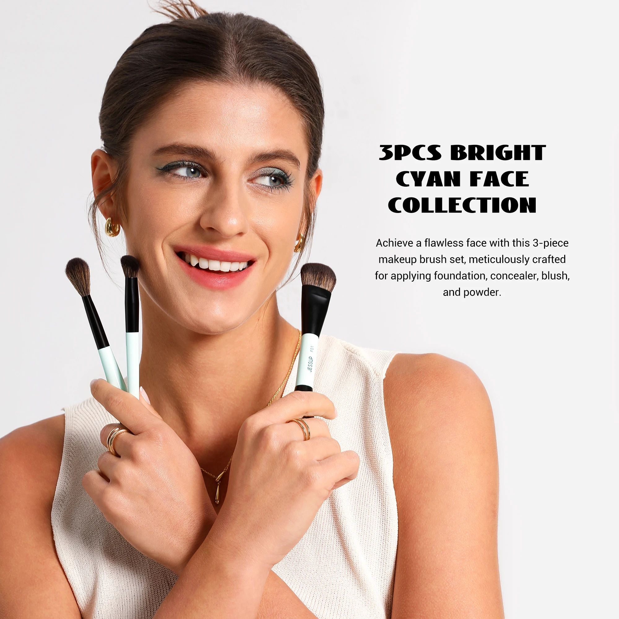 Jessup Gesichts-Make-up-Pinsel-Set, 2/3/5 Stück, doppelseitiger Make-up-Pinsel, Foundation-Kontur-Concealer, tierversuchsfrei, helles Cyan T503