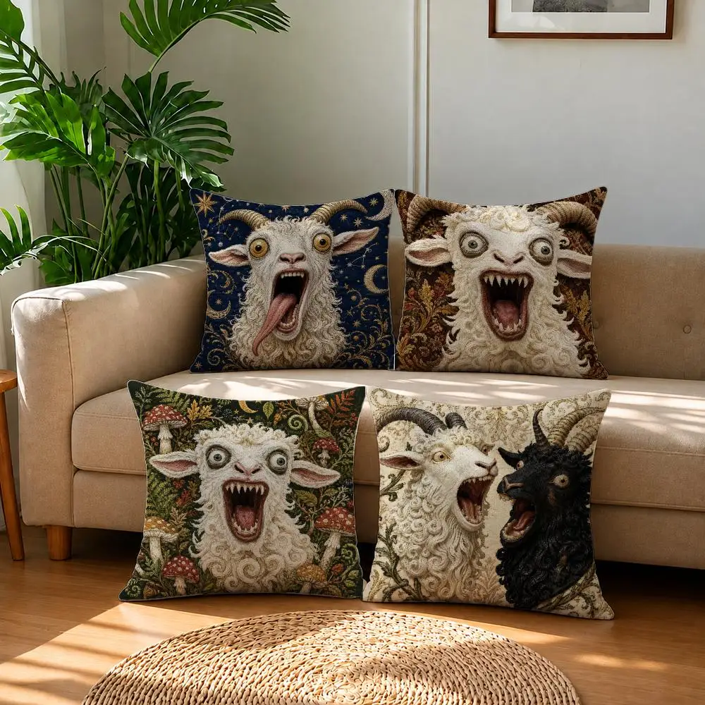 Pattern Screaming Goat Sheep Embroidered Style Cushion Cover Short Plush Pillowcase, Sofa Bedroom Home Decor & Holiday Gift