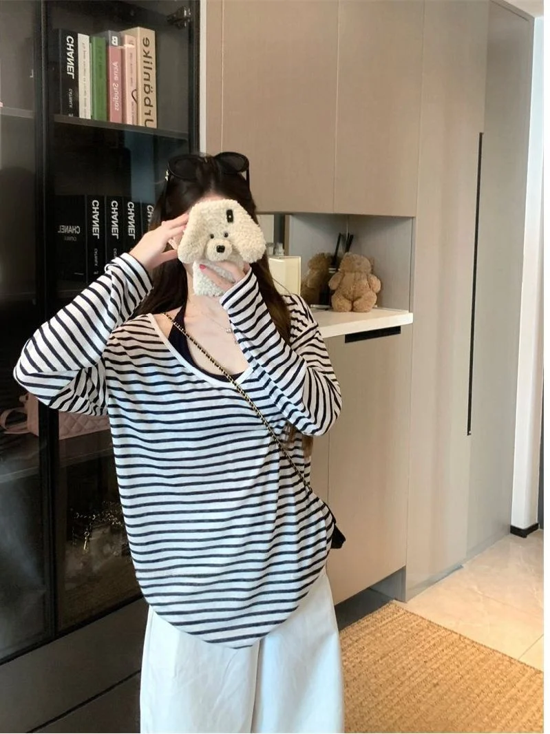 Korean Style Summer New Stripe Loose Long Sleeve Women's Top Bottom Set Thin Sun Protection Cover up High Waist T-Shirt