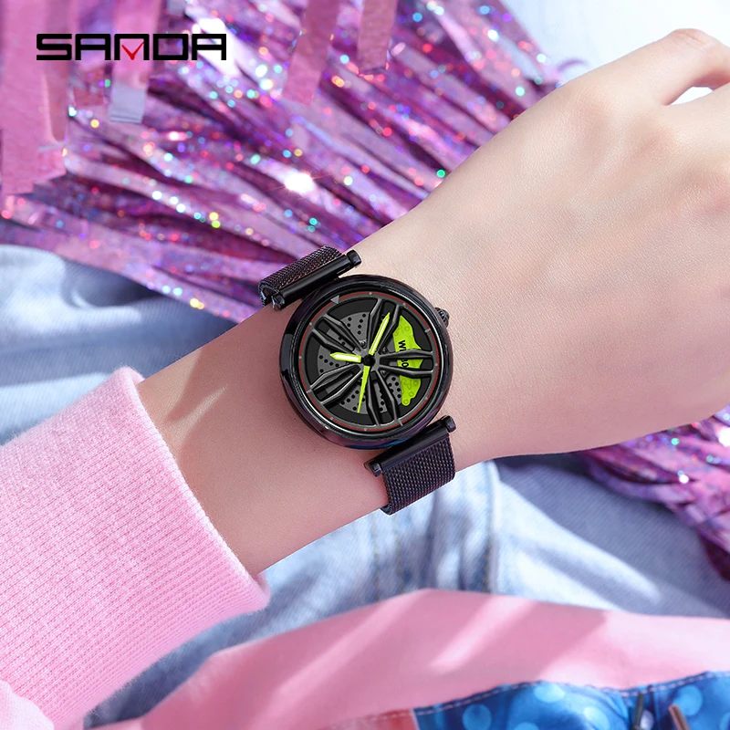 SANDA P1074 New Fashion Women Watches Sports Car Wheel Hub Waterproof Watch 360 Rotating Dial Stainless Lady Quartz Wristwatches