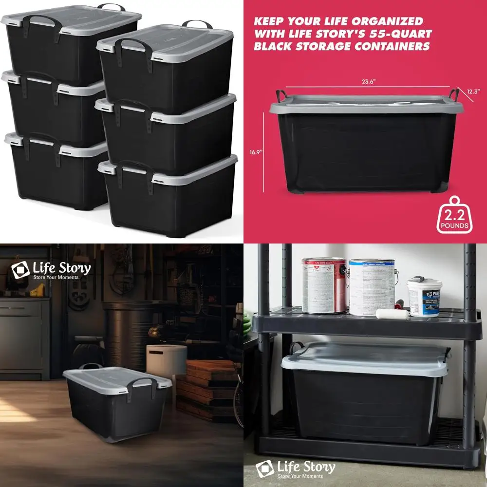 ชุดกล่องเก็บของ 6 ชิ้น ทนทาน ความจุ 55 ควอร์ต ซ้อนกันได้และล็อคได้ สำหรับจัดระเบียบบ้าน พร้อมหูหิ้ว