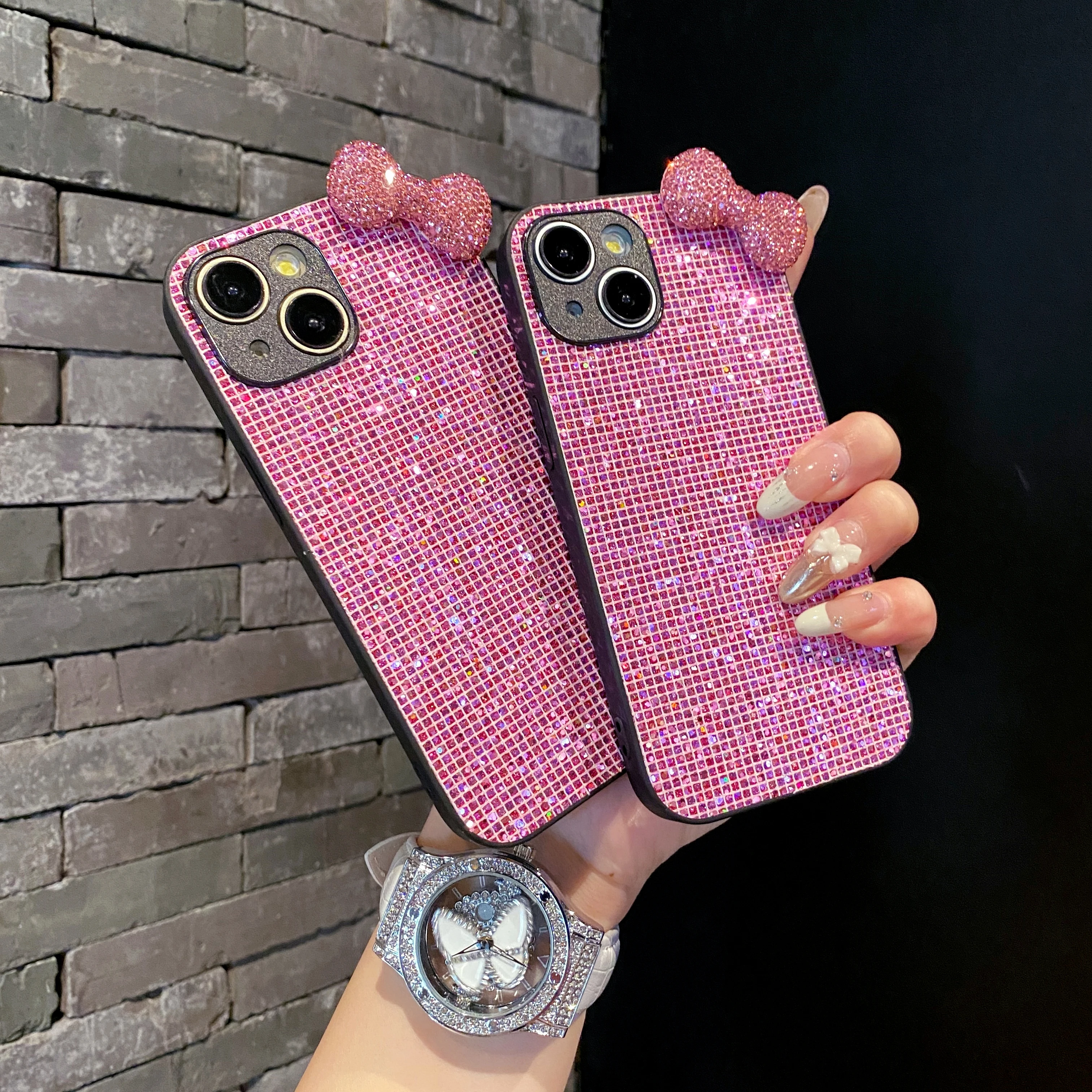 럭셔리 라인스톤 보우 그리드 패턴 글리터 폰 케이스 (아이폰 17, 16, 15, 14, 13, 12, 11 플러스, 프로, 맥스, 16E, 17 에어 블링 스팽글 커버)