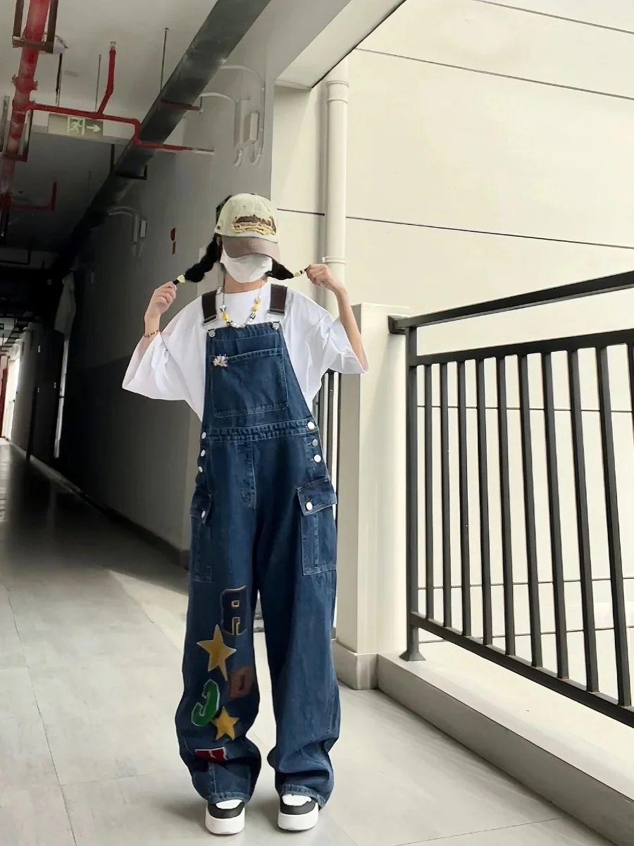 

Retro American Towel Embroidered Denim Overalls Women Summer Wide Leg Loose Student Straight Leg Slimming Floor Length Pants