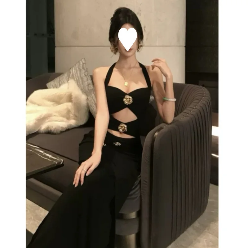 New Women’s Luxury Rose Button Halter Dress Black Cutout Bodycon Gown Elegant Figure-flattering Dress for Banquet Party Event