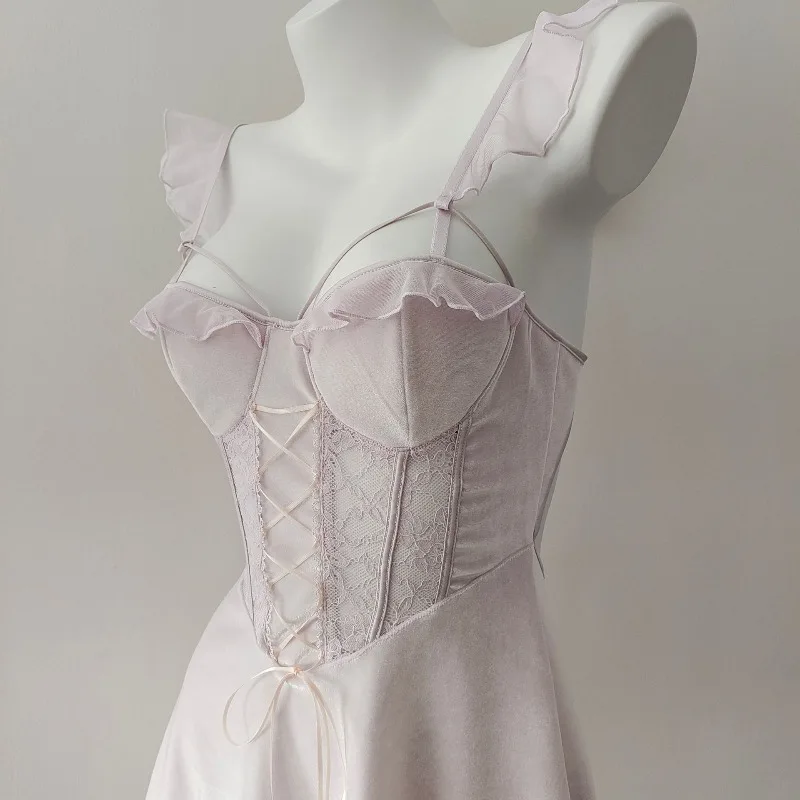 프랑스 섹시 벨벳 파자마 여성용 나이트가운 겨울용 가슴 패드 포함 서스펜더 나이트드레스 리본 스트랩 드레스 여성용 라운지웨어