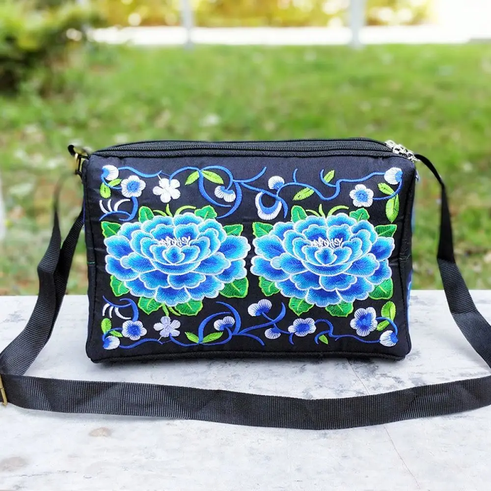 Ethnic Style Double Sided Embroidery Canvas Bag Women Casual Handbag Shoulder Messenger Crossbody Purse Floral Pattern
