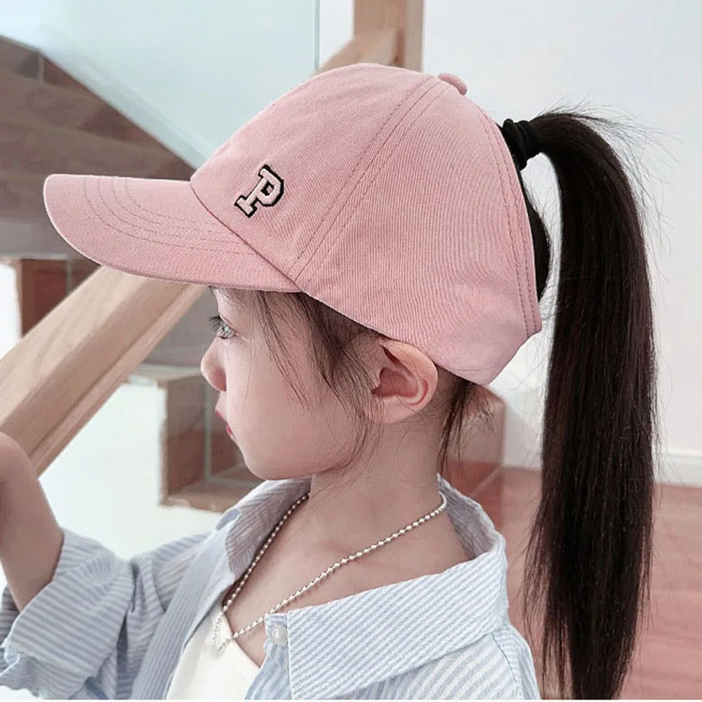 Kids Baseball Cap Exposed High Ponytail Baseball Cap Letter Embroidery Hat Soft Top Semi-Empty Top Cap Uv Sunscreen Shade Caps