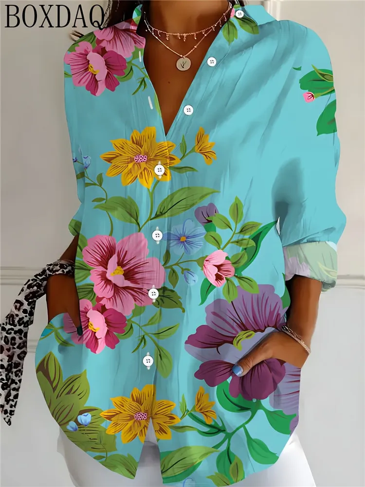 2026 New Women's Blouse Casual 3D Flower Pattern Printed Long Sleeve Lapel Button Loose Shirts Fashion Women's Clothing Tops