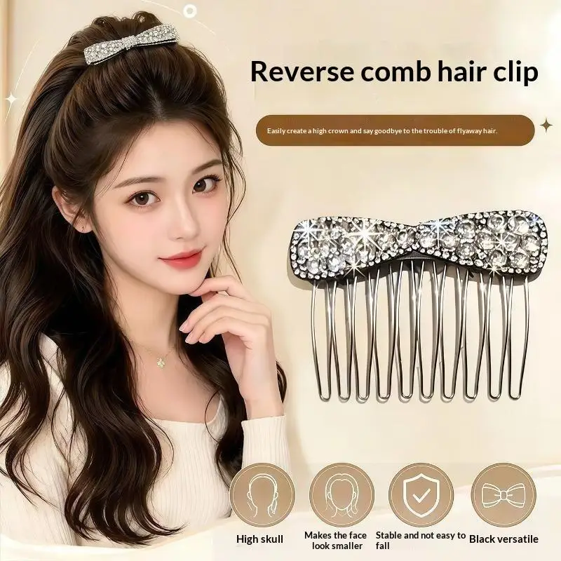 1 Stück Neuer Schleifenförmiger Strass-Haarkamm Silbernes Updo-Styling-Werkzeug Umgekehrter Schleifen-Haarkamm für Hochsteckfrisuren – Detail 2