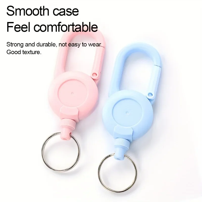 Blue elastic retractable key chain with easy-to-pull button, anti-lost and durable silk sliding rope suitable for outdoor and da