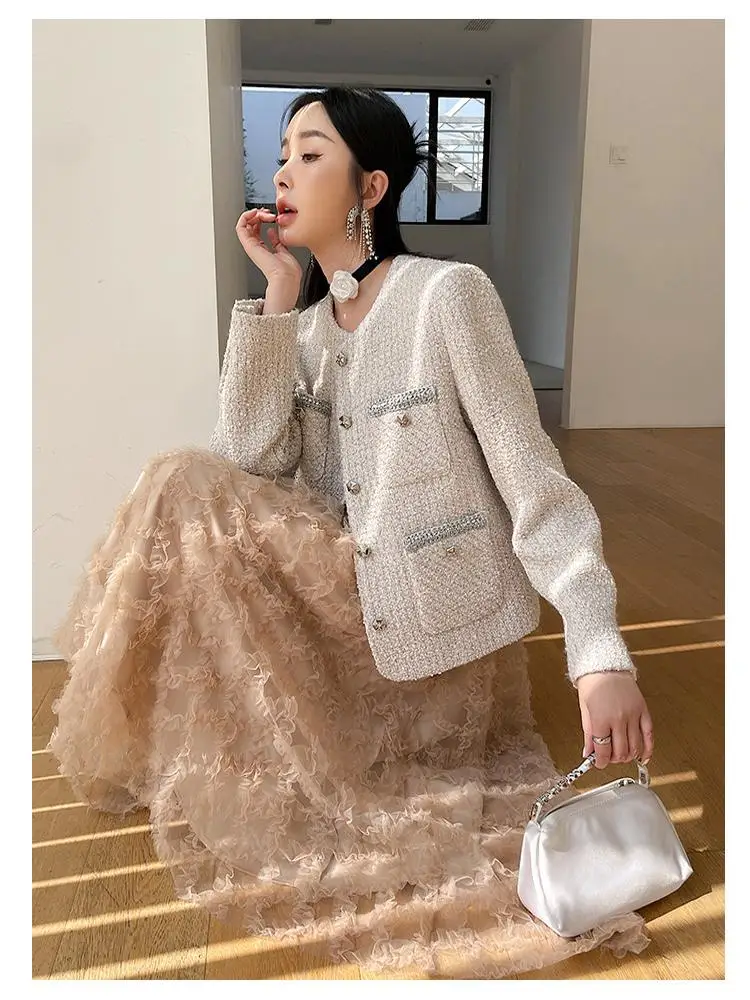 Ele round Ne White Outerwear Women's Faion Retro Sle Oaeal Color Winter New Arrival from China Straight Cut pe