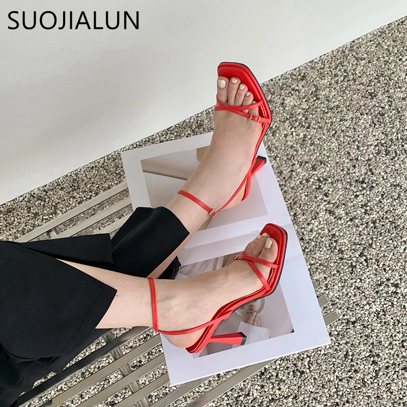 SUOJIALUN 2023 Summer New Women Sandal Shoes Fashion Red Narrow Band Ladies Elegant Gladiator Shoes Thin High Heel Dress Pumps S