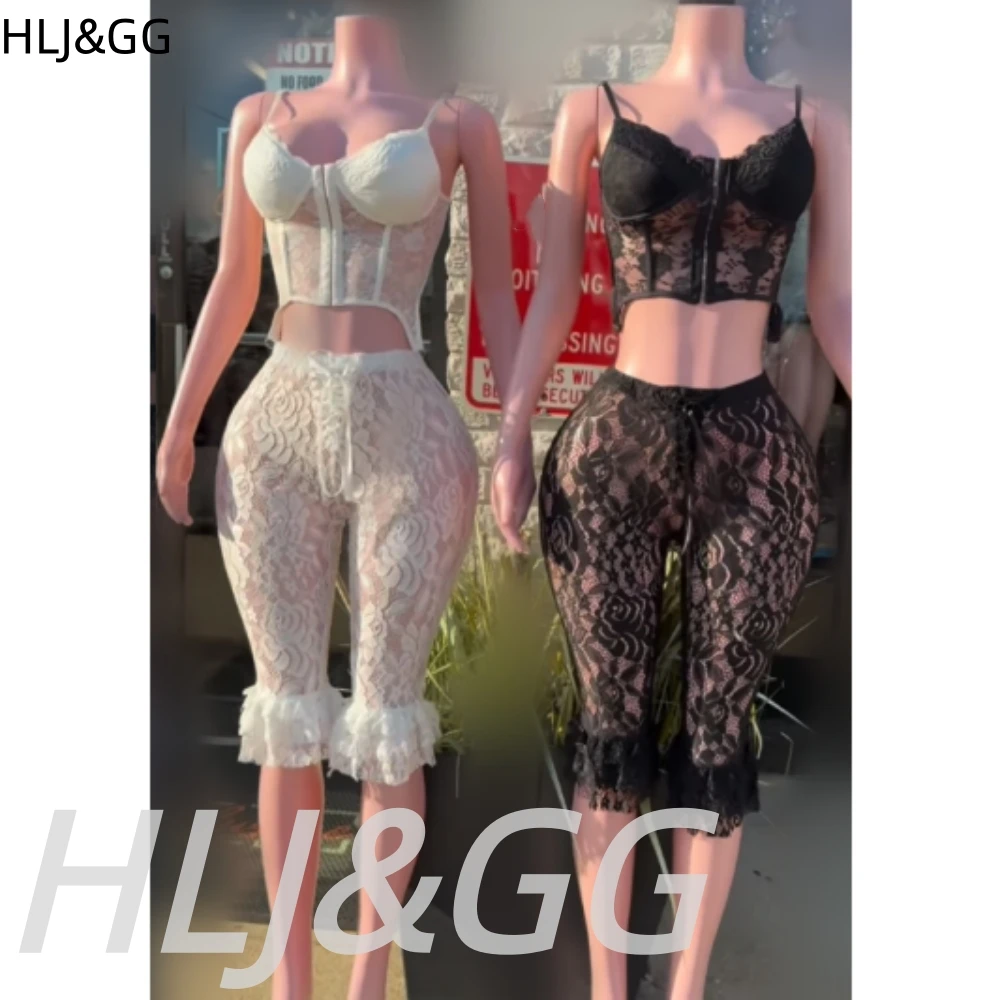 

HLJ&GG Sexy Lace See Though Bandage Skinny Shorts Two Piece Sets Women V Neck Spaghetti Strap Slim Crop Top And Shorts Outfits