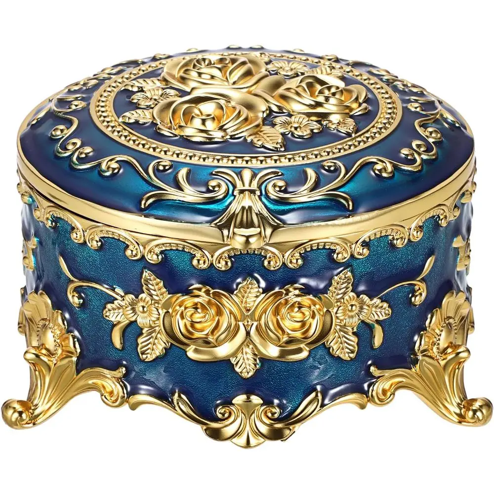 

Синяя металлическая винтажная шкатулка для драгоценностей — круглый футляр для хранения колец, серег, ожерелий — идеальный подарок для женщин