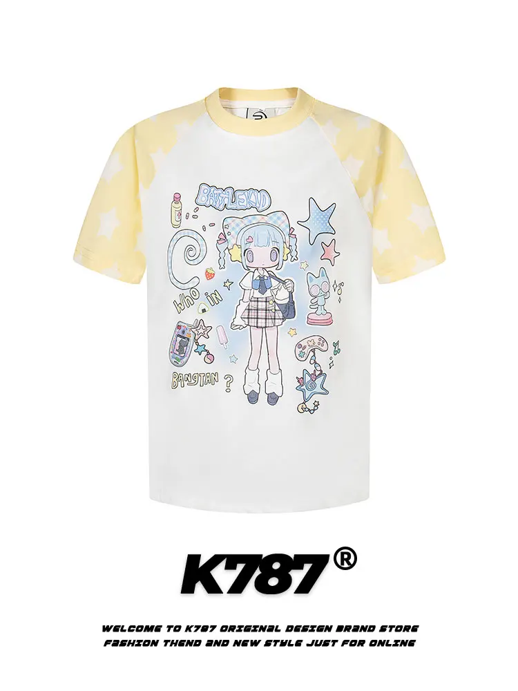 

K787 Американская повседневная женская футболка с рисунком ор Све Star Print Street Sle, летний топ из смеси хлопка стандартного кроя