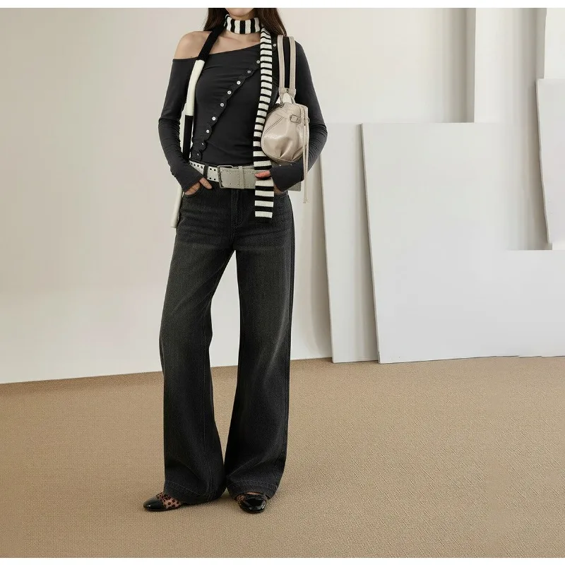 

Women's Clothing Slant Shoulder Shell Buckle Long Sleeve 25 Fashionable Street Folds High Elastic Slim Fit Design T-shirt