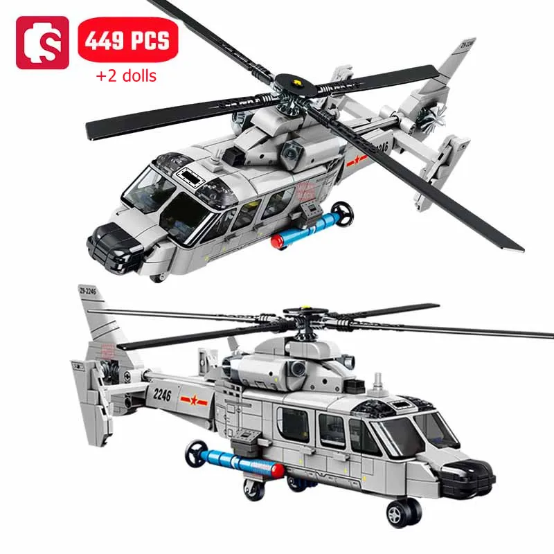 SEMBO Z-9 Shipborne Helicopter Assemblage Building Blocks MOC Armed Aircraft Fighter Soldiers Model Bricks Kids Toys Boys Gifts