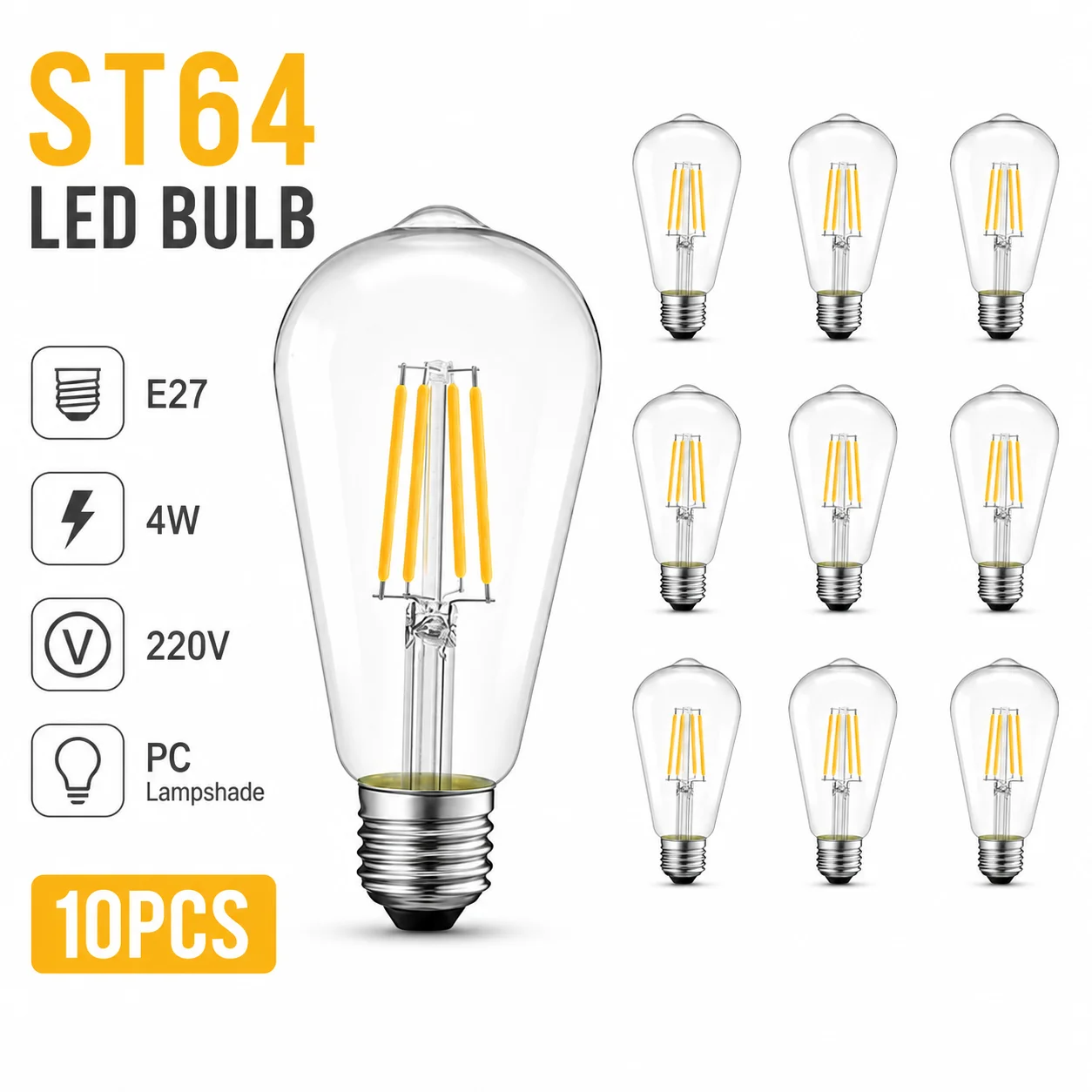 10PCS ST64 LED Edison Bulbs 4W E27 220V Vintage Filament Light Warm White Retro Antique Decorative Lamps for String Lights