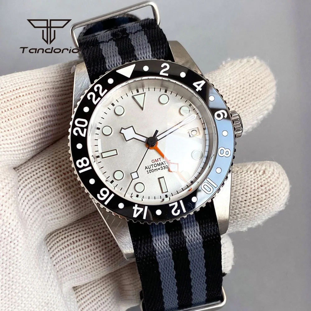 Tandorio GMT 38mm Automatic NH34 Men\'s Watch Sapphire 20BAR Diver Date Mechanical Watches 24H Bezel Stainless Steel Wristwatch