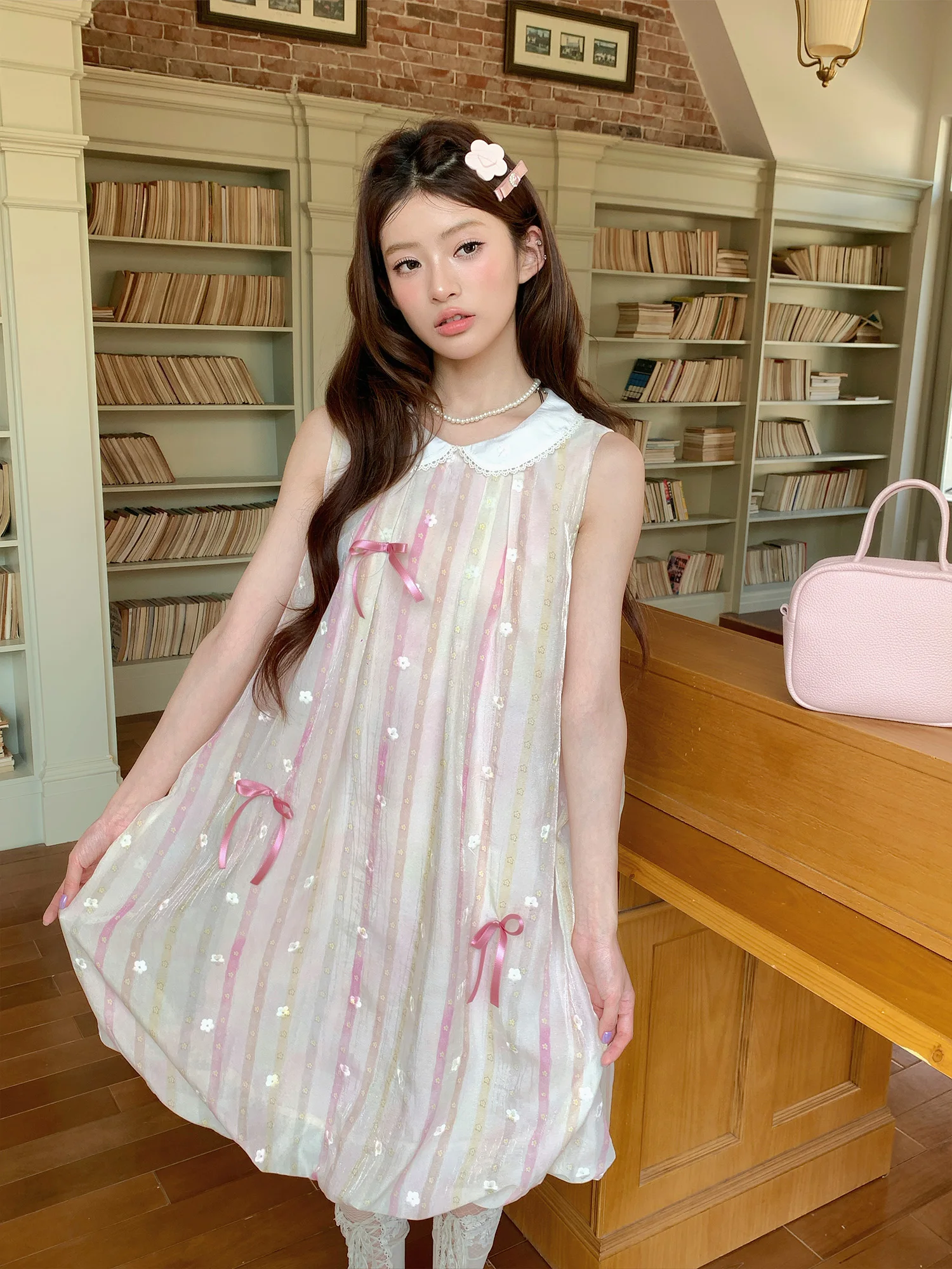 Pink  Knot Summer Design Sensation Women's Dress RRFIGHT Sweet Style Natural Waist Cotton Polyester A-Line Skirt
