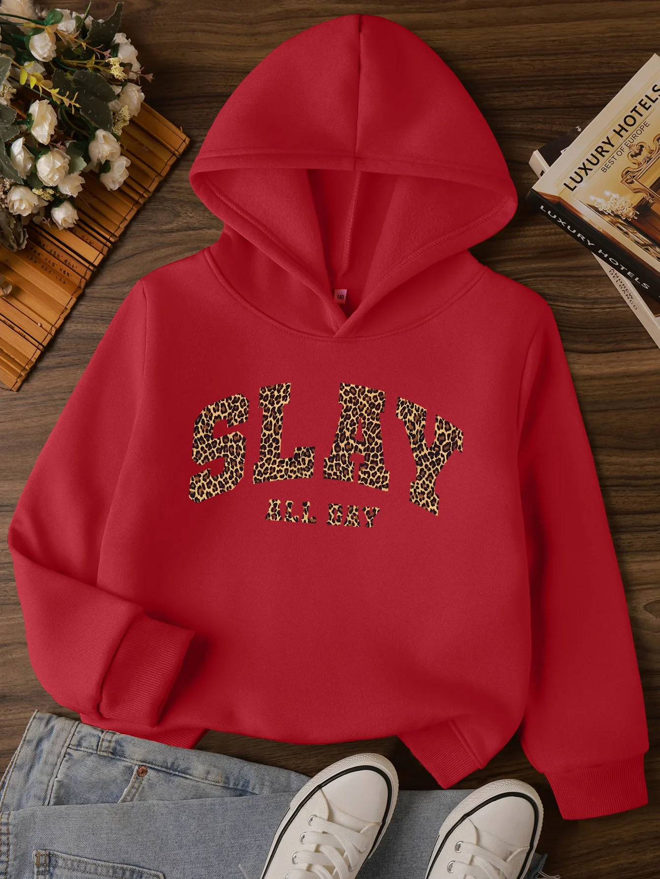 Trendy Slay All Day Kids Hoodie Leopard Pattern Typography Art Print Autumn Winter Fleece Warm Children Trendy Sweatshirt