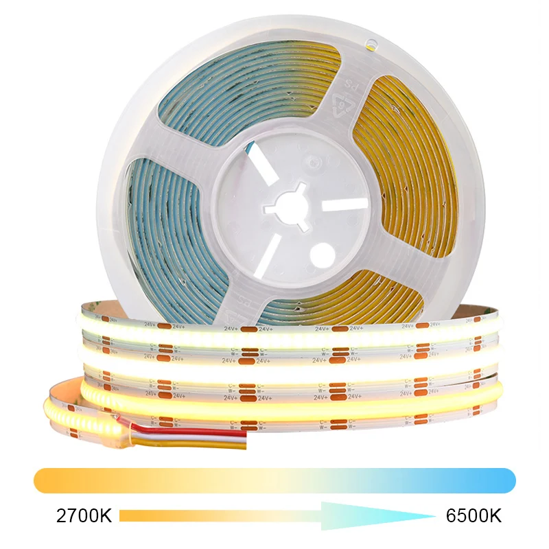 CCT COB LED Strip 5mm/8mm/10mm High Density 608 LEDs/m Flexible Dimmable FOB Led Tape 2700K to 6500K LED Lighting DC12V 24V