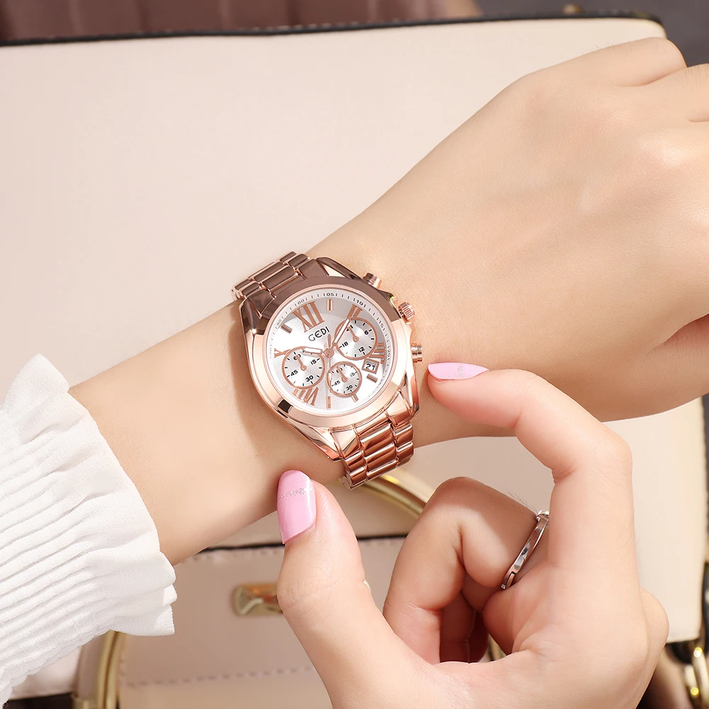 GEDI Luxury Rose Gold Women Quartz Watches Waterproof Stainless Steel Auto Date Ladies Wristwatch Business Dress Watch for Women