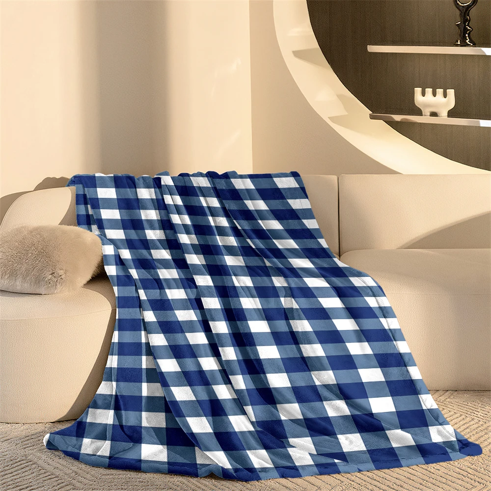 Navy White Gingham Check Soft Flannel Blanket Warm Cozy Throw Blanket for Bedroom Living Room Fuzzy Plush Bedspread Gift
