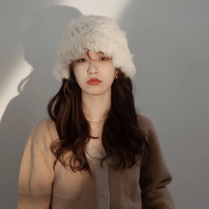 Women's Faux Rabbit Fur Plush Fisherman Hat Winter Thick Warm Knit Cap Fashion Face Small Cold Resistant Hat