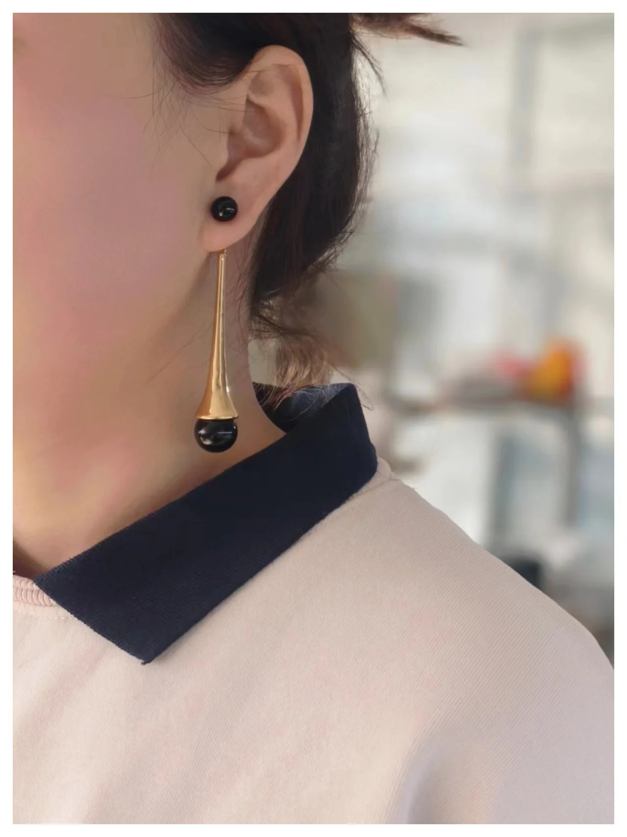 

Brass With 18K Black Stone Long Bar Drop Earrings Women Jewelry Punk Party T Show Gown Runway Korean Japan INS
