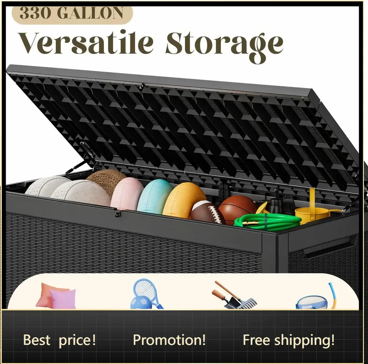 330 Gallon Outdoor Storage Box, Resin Large Deck Box Outdoor Waterproof Storage Bench with Lockable Lid for Patio Cushions
