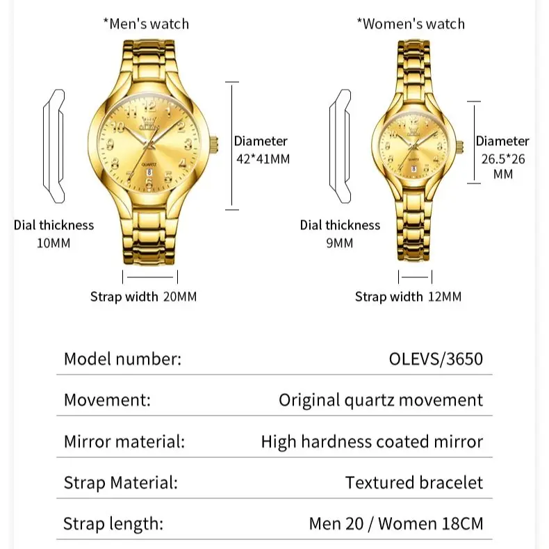OLEVS 3650 Couple Watch Elegant Simple Digital Date Waterproof Watch Luxury Business Lover Gift for Him Her Gold Couple Watch