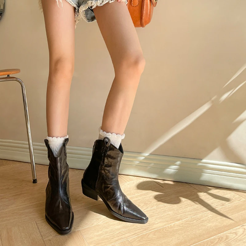 2024 New Womens Pointed Toe Chelsea Boots Fashion Street Retro Party Low-heeled Motorcycle Boots PU Leather Casual Western Boots