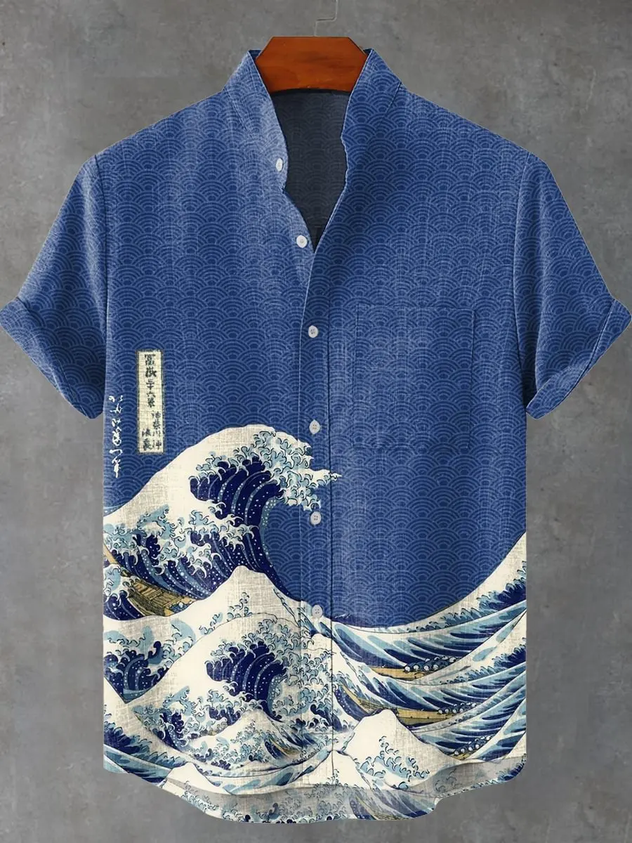 Summer Men's Short Sleeve Shirt Wave Vintage 3D Printed Casual Fashion Linen 100% Men's Beach Holiday Short Sleeve Shirt