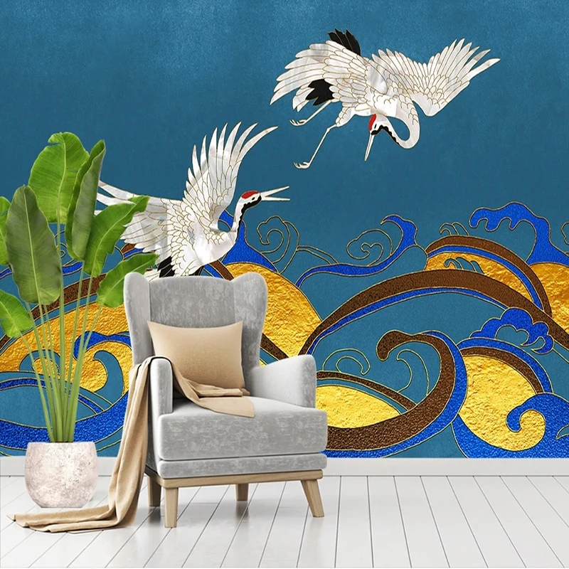 Custom Mural Wallpaper Chinese Style Crane Golden Relief Lines Wall Cloth Living Room Sofa Wall Home Decoration Papel De Parede