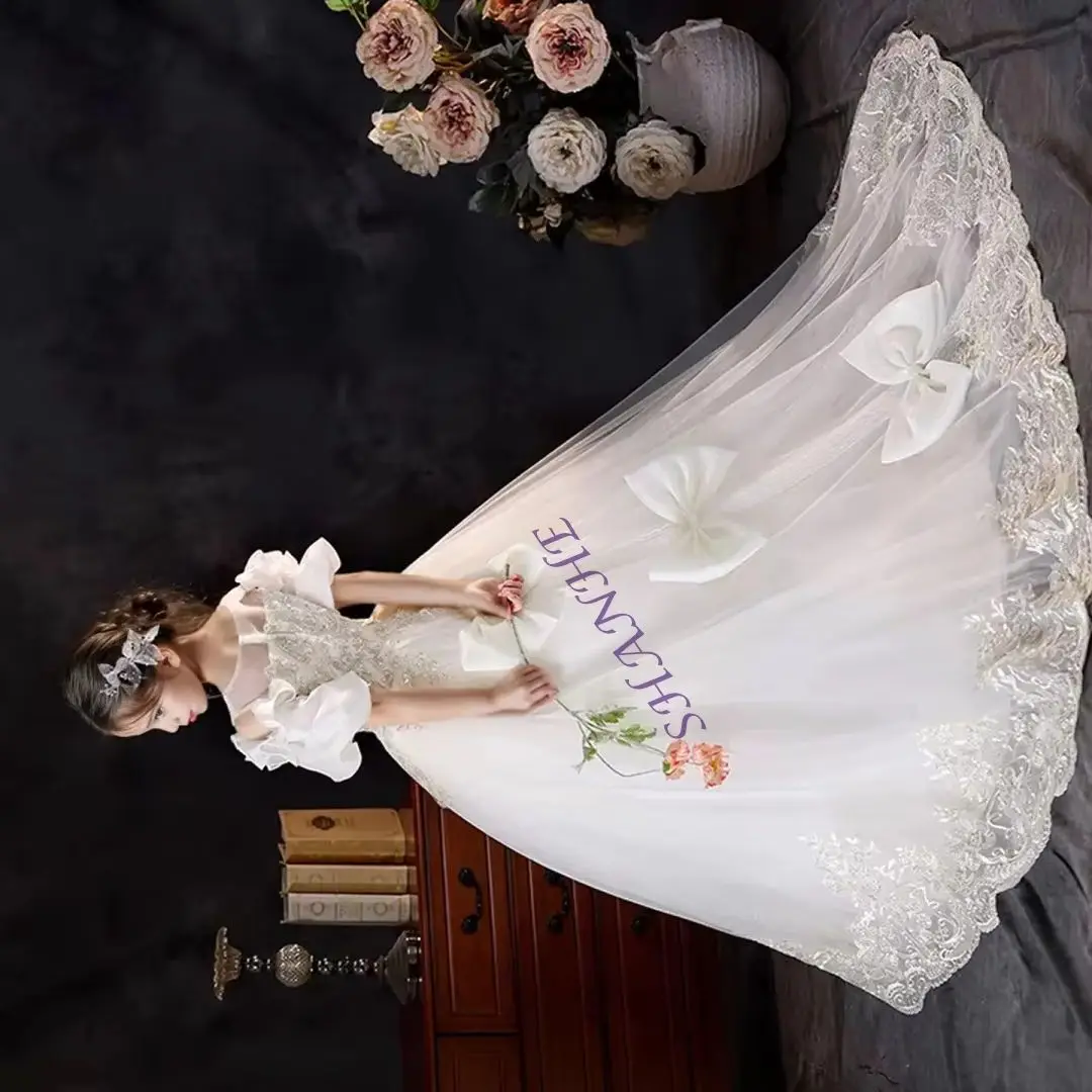 Customized Luxury White Appliques Lace Girl Dress with Bow Princess Kids Long Wedding Birthday Pageant Party Evening Gown