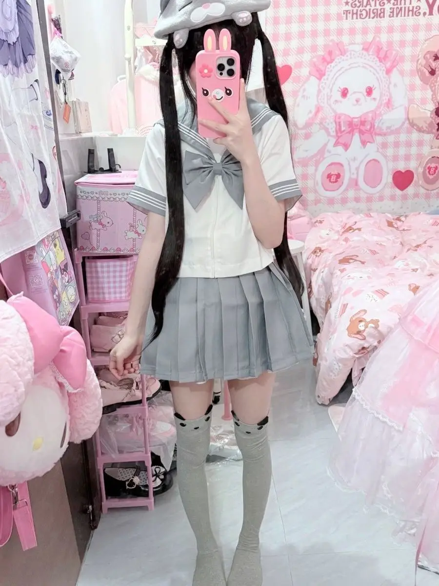 

Original Summer Grey Rare Early Sailor Suit Short Sleeve Shirt JK Skirt Cute School Uniform Feel Complete Set Breathable Fashion