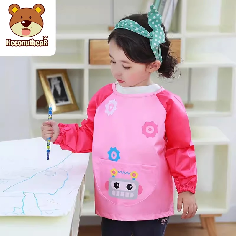 Children Waterproof Long Sleeve Art Smock Apron 2022 New Cartoon Monkey Kids Clothing Girls Boys Painting Aprons Baby Food Bibs