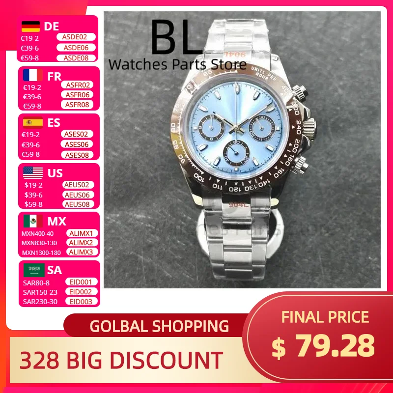 BLIGER 39 мм VK63 мужские кварцевые часы с хронографом керамическая коричневая вставка ледяной синий циферблат с C3 светящимся сапфировым стеклом водонепроницаемый