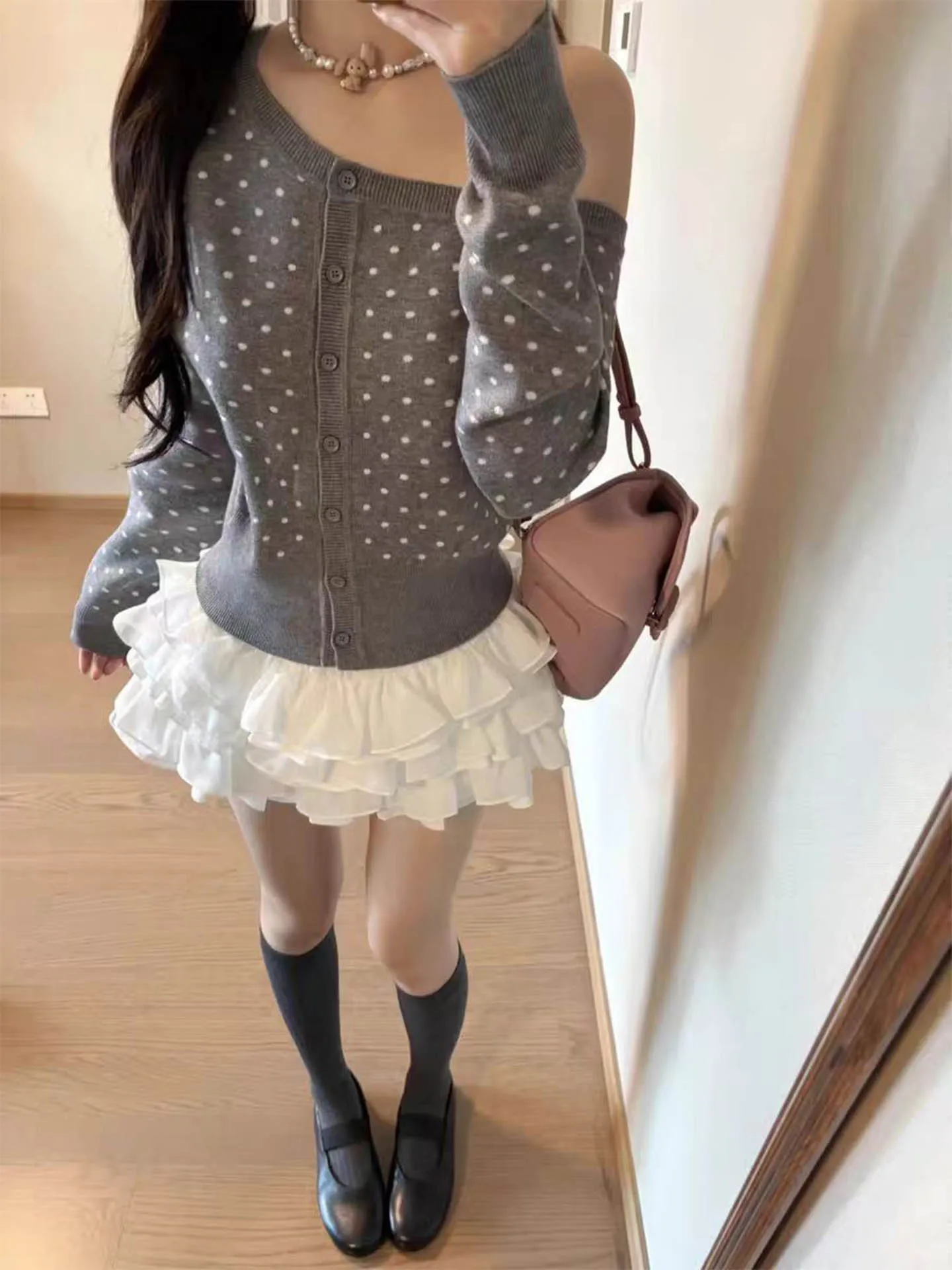Gray Polka Dot Long Sleeve Knitted Open Cardigan Women's Slim Fit Shoulder Bared Short Style Top for Young Girls Casual Wear