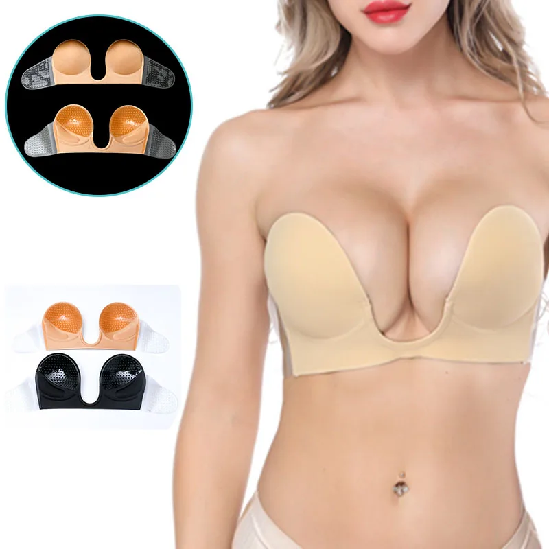 

One Piece Deep U Silicone Bra Self Adhesive Invisible Bra Push Up Bralette Strapless Pad Sticky Nipple Pasties Cover Breast Lift