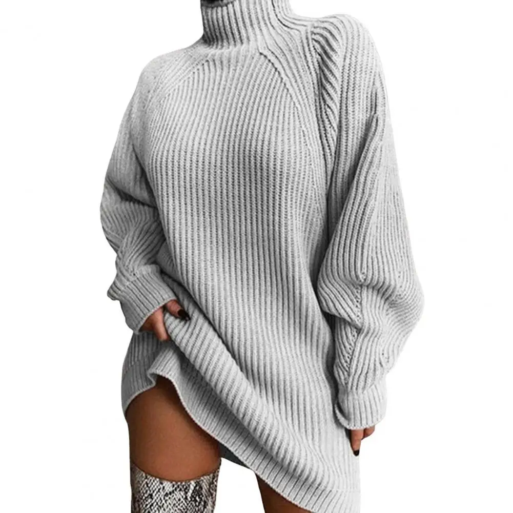 Solid Color Sweater Dress Half High Collar Raglan Long Sleeve Loose Fit Knitting Dress Autumn Winter Mini Dress Knitwear