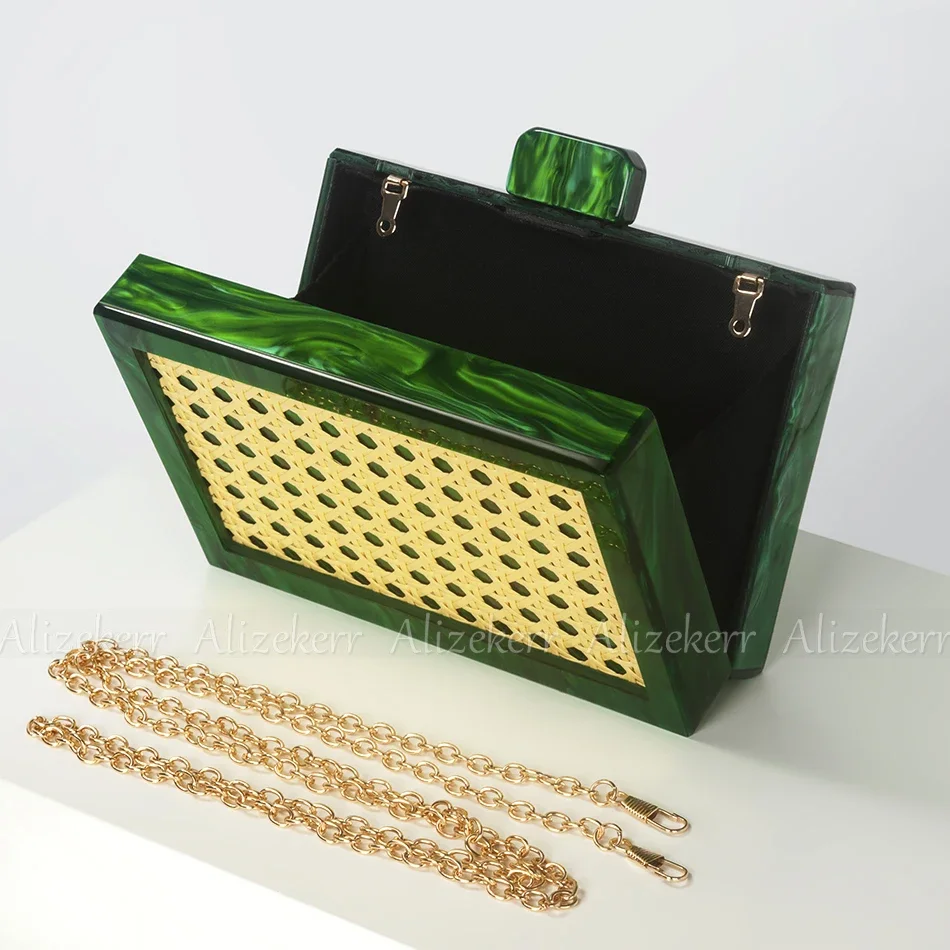 Woven Rattan Acrylic Box Evening Bags Women New Summer Luxury Designer Boutique Green Square Clutch Purses And Handbags Wedding