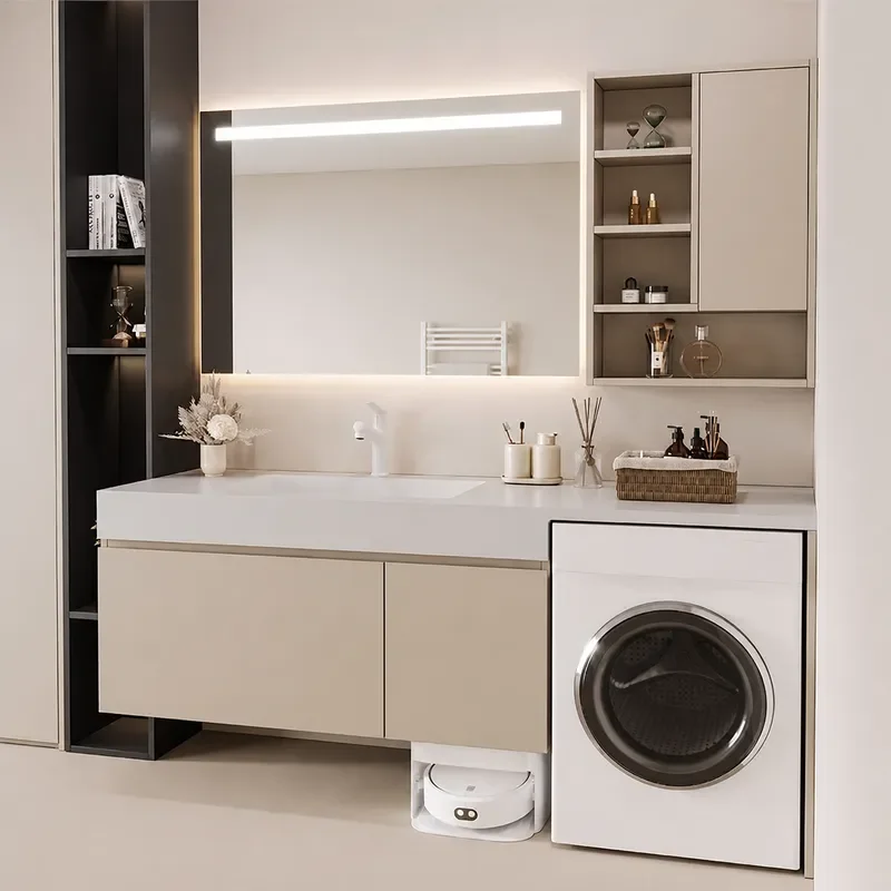 Rock Slab Seamless Countertop Integrated Washing Machine Balcony Bathroom Cabinet with Space for Robot Vacuum and Washbasin